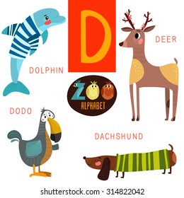 Cute zoo alphabet in vector.D letter. Funny cartoon animals:Dolphin,deer,dodo,dachshund . Alphabet design in a colorful style.
