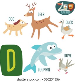 Cute zoo alphabet in vector.D letter. Funny cartoon animals: Dog Deer, Duck, Dolphin, Dove. Alphabet design in a colorful style. - stock vector