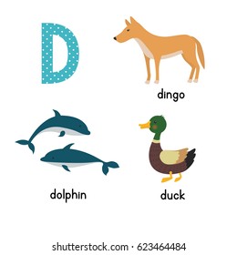 Cute zoo alphabet in vector.D letter. Funny cartoon animals: Dolphin, duck, dingo .