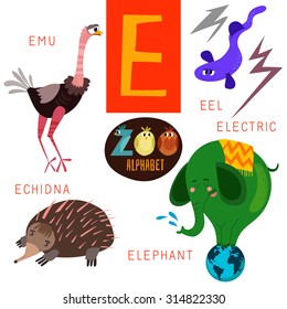 Cute zoo alphabet in vector.E letter. Funny cartoon animals: Emu,electric eel,echidna,elephant . Alphabet design in a colorful style.
