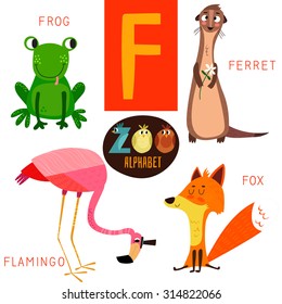 Cute zoo alphabet in vector.F letter. Funny cartoon animals: Frog,ferret,flamingo,fox . Alphabet design in a colorful style.
