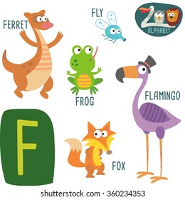 Cute zoo alphabet in vector.F letter. Funny cartoon animals: Flamingo, Fox, Frog, Fly, Ferret . Alphabet design in a colorful style. - stock vector