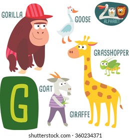 Cute zoo alphabet in vector.G letter. Funny cartoon animals: Gorilla, Giraffe, Goat, Grasshopper, Goose. Alphabet design in a colorful style. - stock vector