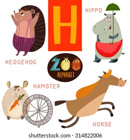 Cute zoo alphabet in vector.H letter. Funny cartoon animals:Hedgehog,hippo,hamster,horse. Alphabet design in a colorful style.
