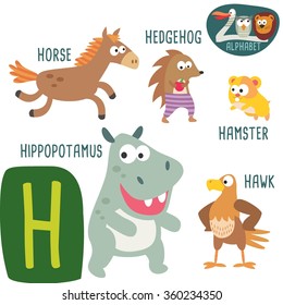 Cute Zoo Alphabet In Vector.H Letter. Funny Cartoon Animals: Horse, Hippo, Hawk, Hamster, Hedgehog. Alphabet Design In A Colorful Style. - Stock Vector