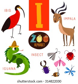 Cute zoo alphabet in vector.I letter. Funny cartoon animals:Ibis,impala,iguana,insect. Alphabet design in a colorful style.
