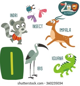 Cute zoo alphabet in vector.I letter. Funny cartoon animals: Ibis, Iguana, Impala, Insect, Indri. Alphabet design in a colorful style. - stock vector