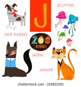 Cute zoo alphabet in vector.J letter. Funny cartoon animals:Jack Russel, jellyfish,jackal.jaguar. Alphabet design in a colorful style.
