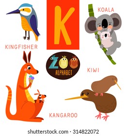 Cute zoo alphabet in vector.K letter. Funny cartoon animals:Kingfisher,koala,kangaroo,kiwi. Alphabet design in a colorful style.
