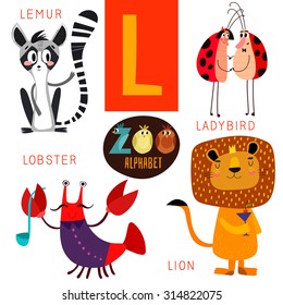 Cute zoo alphabet in vector.L letter. Funny cartoon animals:Lemur,ladybird,lobster,lion. Alphabet design in a colorful style.
