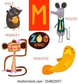 Cute zoo alphabet in vector.M letter. Funny cartoon animals:Mole,mouse,monkey,manatee. Alphabet design in a colorful style.
