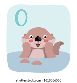 Cute zoo alphabet in vector.O letter. Funny cartoon animals otter. Alphabet design in a colorful style. 