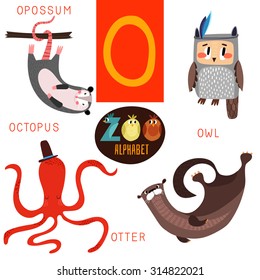 Cute zoo alphabet in vector.O letter. Funny cartoon animals:Opossum,owl,octopus,otter. Alphabet design in a colorful style.
