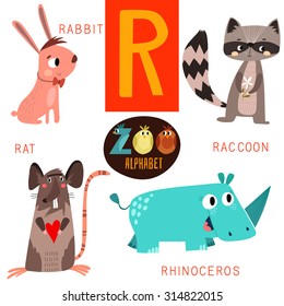 Cute zoo alphabet in vector.R letter. Funny cartoon animals:Rabbit,raccoon,rat,rhinoceros. Alphabet design in a colorful style.
