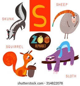 Cute zoo alphabet in vector.S letter. Funny cartoon animals:Skunk,sheep,squirrel,sloth. Alphabet design in a colorful style.
