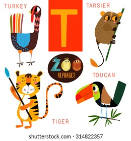 Cute zoo alphabet in vector.T letter. Funny cartoon animals:Turkey, tarsier,tiger,toucan. Alphabet design in a colorful style.
