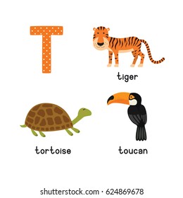 Cute zoo alphabet in vector.T letter. Funny cartoon animals: Tiger, Toucan,Tortoise