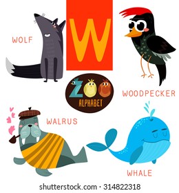 Cute zoo alphabet in vector.W letter. Funny cartoon animals:Wolf,woodpacker,walrus,whale. Alphabet design in a colorful style.
