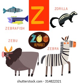 Cute zoo alphabet in vector.Z letter. Funny cartoon animals:Zebrafish,zorilla,zebu,zebra. Alphabet design in a colorful style.
