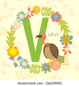 Cute Zoo alphabet, vulture with letter V and floral wreath in vector. 