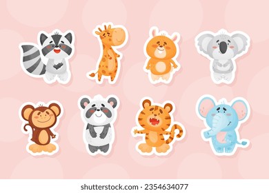 Cute Zoo Animal with Happy Muzzle Vector Sticker Set