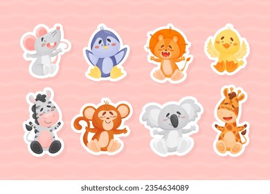 Cute Zoo Animal with Happy Muzzle Vector Sticker Set