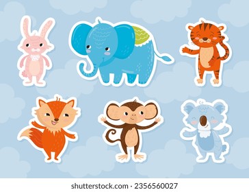 Cute Zoo Animal with Happy Muzzle Vector Sticker Set