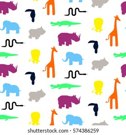 Cute Zoo Animal Silhouettes Toddler Seamless Pattern Vector. Colorful Giraffe, Lion, Rhino, Crocodile, Toucan And Elephant On White Background.