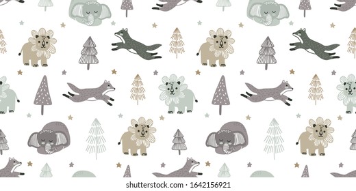 cute zoo animal wild beautiful doodle cartoon seamless pattern 