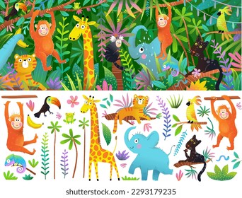 Cute zoo animals in African exotic jungle clip art cartoon for kids. Vibrant and playful illustrations of African Rainforest and baby animals. Isolated vector clipart graphics collection for children.