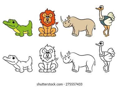 Cute zoo animals collection. Coloring book. Vector illustration.
