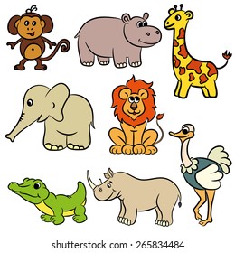 Cute zoo animals collection. Vector illustration.