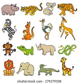 Cute zoo animals collection. Vector illustration.