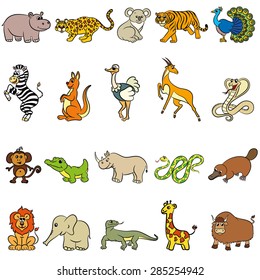 Cute zoo animals collection. Vector illustration.