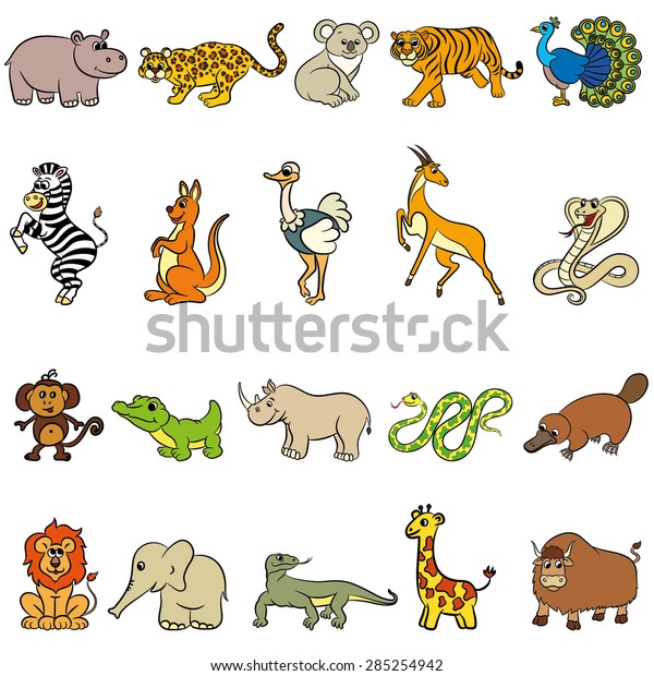 Cute zoo animals collection. Vector illustration.