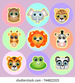 Cute  zoo animals faces icon set.  Icon animals from safari.