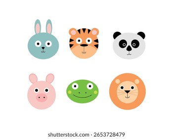 Cute Zoo Animals Faces Vector Set Rabbit, Tiger, Panda, Pig, Frog, Lion. Perfect for Kids Designs, Prints, Educational Materials, Stickers.