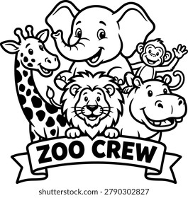 Cute zoo animals group line art drawing with elephant, wildlife