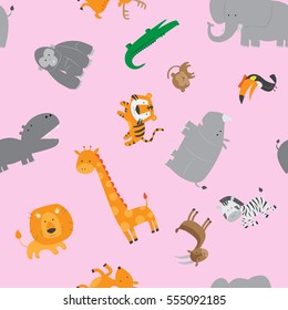 Cute zoo animals seamless pattern background vector stock in pink