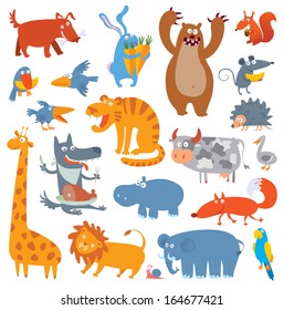 Cute zoo animals. Vector illustration. Isolated on white background. Set