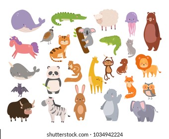 Cute zoo cartoon animals isolated funny wildlife learn cute language and tropical nature safari mammal jungle tall characters vector illustration.