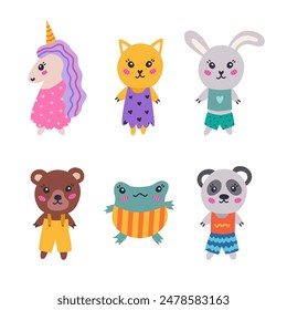 Cute zoo character set with wild, magic animals, home pets in clothes. Cartoon hand drawn collection of kawaii frog, unicorn, cat, funny rabbit, bear, panda. Domestic, farm and wild animals clipart.