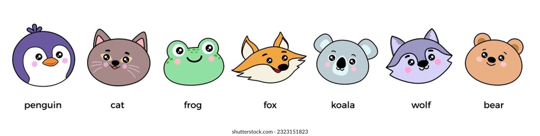 Cute zoo collection of funny kawaii animal faces. Stickers isolated on white background. Flat cartoon style. Penguin, cat, frog, fox, koala, wolf, bear, toad