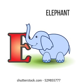 Cute zoo English alphabet E with elephant cartoon, vector colorful illustration kid animal isolated on white background, Education for children preschool, posters for learn to read, character design