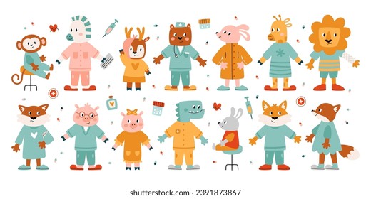 Cute zoo and forest animal doctor in medical uniform and sick or injured patient in robe vector illustration with different accessories and supplies for treatment. Medicine picture for children