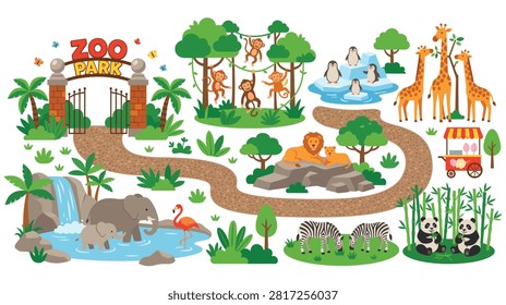 Cute zoo park map illustration featuring wild animals like lions elephants monkeys and giraffes. Educational graphic for children with diverse habitats.