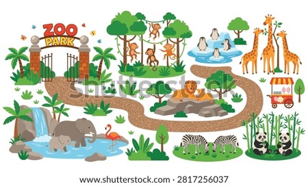 Cute zoo park map illustration featuring wild animals like lions elephants monkeys and giraffes. Educational graphic for children with diverse habitats.