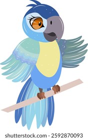 Cute zoo. Vector birds. Cute parrot on a branch. Vector animals collection. Children's flat vector illustrations. 