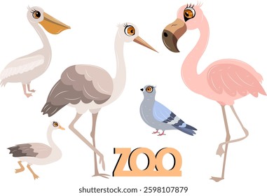 Cute zoo. Vector birds. Set of flamingo, stork, pelican, dove and goose. Vector animals collection. Children's flat vector illustrations.