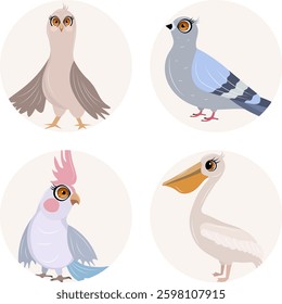 Cute zoo. Vector birds. Set of parrot, dove and pelican. Vector animals collection. Children's flat vector illustrations.